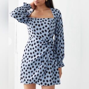 & other stories square neck line blue and black leopard mini dress